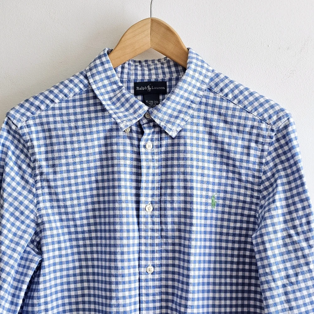 Ralph Lauren Preppy 100% Cotton Blue Gingham Button-Down Shirt, Boys XL (18–20)